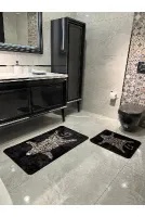 2'li Leopar Desen 60x100 - 60x50 Banyo Paspası - Siyah