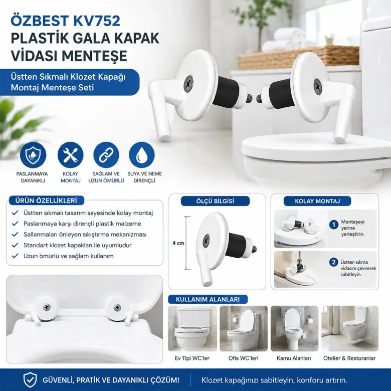 2PCS ÜSTTEN SIKMALI PLASTİK KLOZET KAPAK MENTEŞESİ VİDASI (4745)
