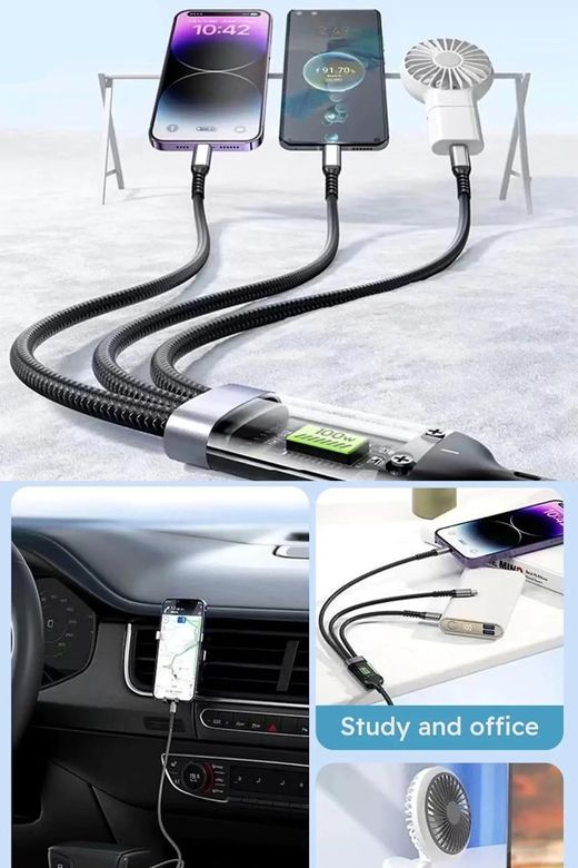 3-İN Dvip 100W 3'ü 1 Arada 5A Hızlı Şarj Kablosu Usb C Usb C+Lightning+Mikro Usb Kablosu