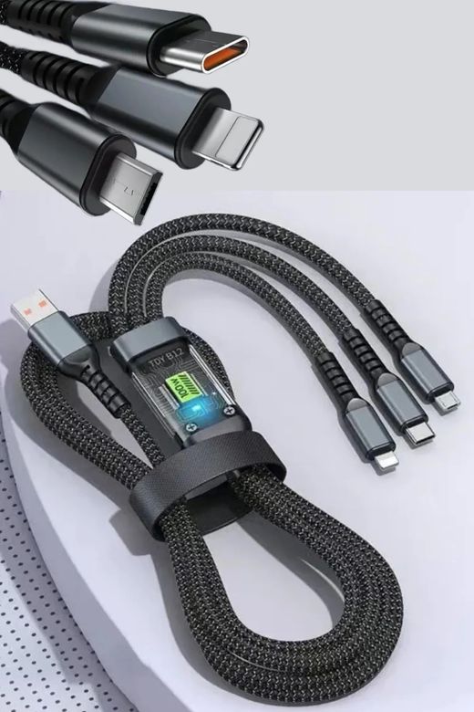 3-İN Dvip 100W 3'ü 1 Arada 5A Hızlı Şarj Kablosu Usb C Usb C+Lightning+Mikro Usb Kablosu
