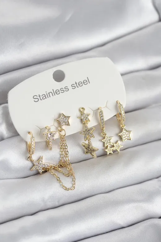 316L Çelik Gold Renk 6'lı Set Zincirli Yıldız Modelli Kadın Küpe TJ-BKP11747