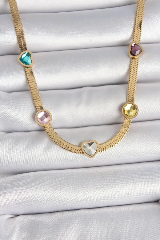 316L Çelik Gold Renk İtalyan Zincir Renkli Zirkon Taşlı Kalp Figür Kadın Kolye TJ-BKO10117