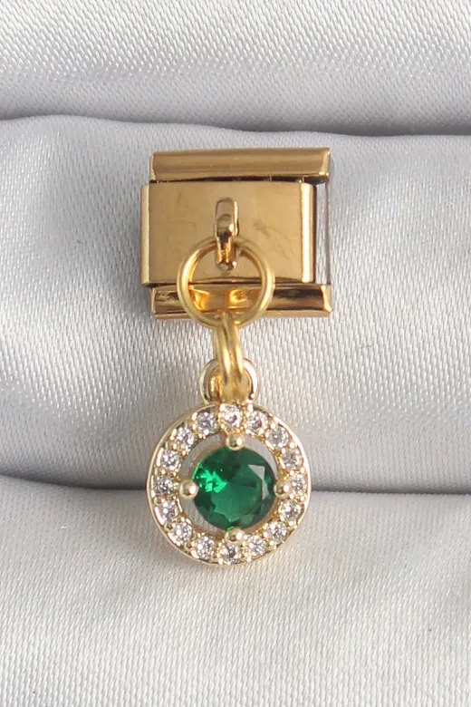 316L Çelik Gold Renk Sallantı Yeşil Zirkon Taşlı Nomination Charm TJ-BC1344