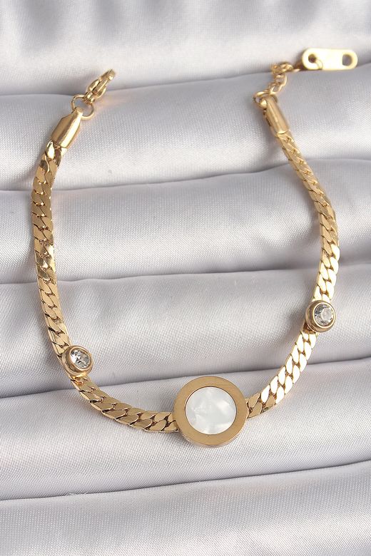 316L Çelik Gold Renk Yassı Zincir Model Zirkon Taş Detaylı Beyaz Mineli Madalyon Model Kadın Bileklik