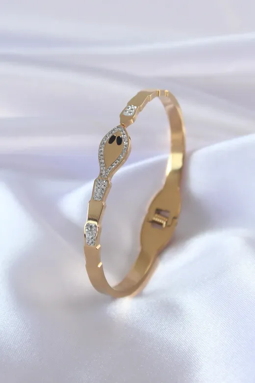 316L Çelik Gold Renk Yılan Model Zirkon Taş Detay Kadın Kelepçe TJ-BB5054