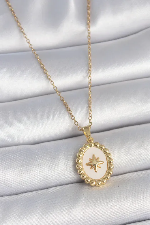 316L Çelik Gold Renk Zincir Beyaz Mineli Kutup Yıldız İşlemeli Madalyon Model Kadın Kolye TJ-BKO10063