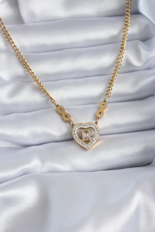 316L Çelik Gold Renk Zirkon Taşlı Kalp Model Sonsuzluk Detay Kadın Kolye TJ-BKO7789