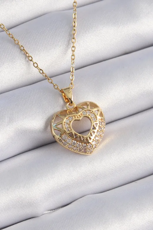 316L Çelik Gold Renk Zirkon Taşlı Kalp Model Vintage Kadın Kolye TJ-BKO9325