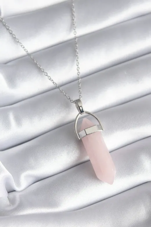 316L Çelik Gümüş Renk Pembe Taşlı Kadın Kolye TJ-BKO8244
