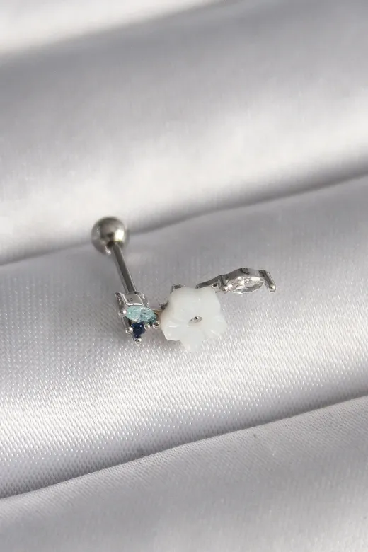 316L Çelik Gümüş Renk Zirkon Taş Detay Beyaz Çiçek Model Tragus Piercing TJ-PR1357
