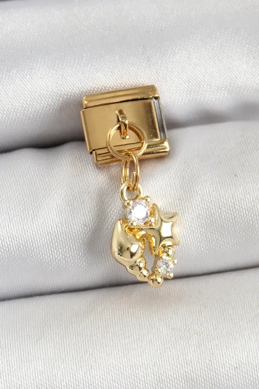 316L Çelik Sallantılı Zirkon Taşlı Deniz Kabuğu Ve Yıldız Model Gold Renk Nomination Charm TJ-BC1436