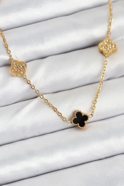 316L Çelik Zincir Gold Renk Siyah ve Zirkon Taşlı Baby Boy Yonca Kadın Kolye TJ-BKO10592
