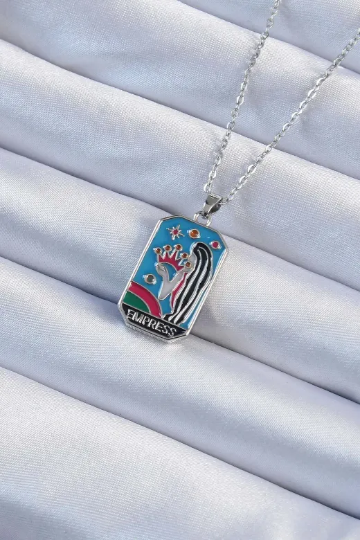 316L Çelik Zincir Gümüş Renk Taç ve Kız Figürlü Renkli Mineli Tarot Kolye TJ-BKO9230