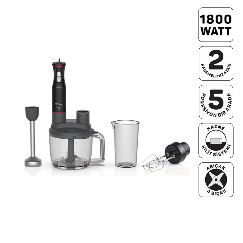 3299- Arzum Ar1204 Starchef Pro 1800W 4 Bıçaklı 1.5 L Hazneli 2 Kademeli Multi Blender Seti, Siyah