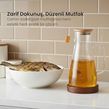 3C 131622022 Kesten 900 Ml Cam Yağdanlık Ahşap Kapaklı Ve Altlıklı Şeffaf, Pratik Mutfak Yağ Ve Sirke Şişesi