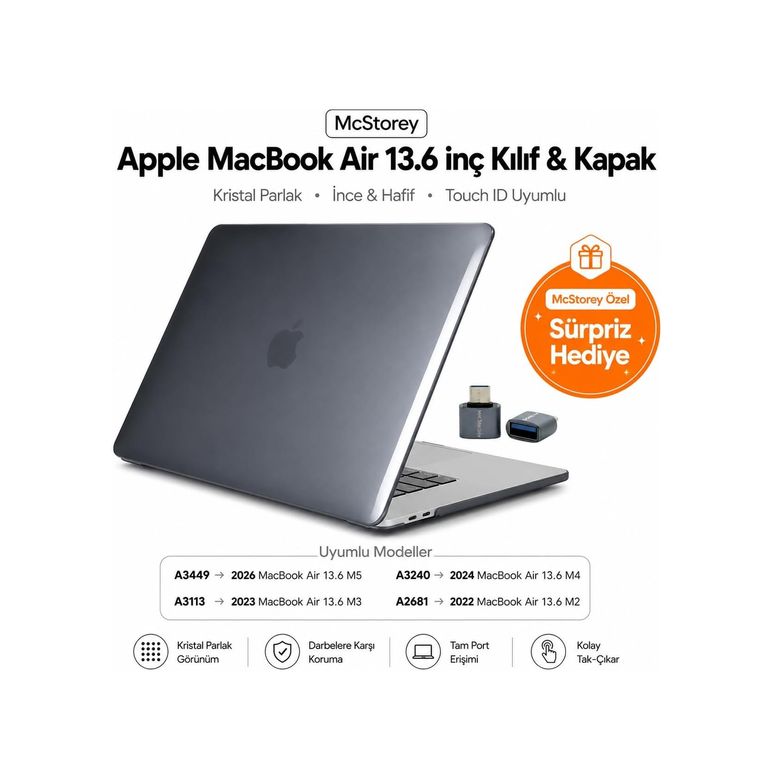 3DMakerpro 131611978 Macbook Air 13.6 İnç M2 M3 M4 M5 Uyumlu Sert Kılıf Ultra Şeffaf Hard Case A2681 A3113 A3240 A3449 Tam Uyum İnce Hafif Koruma Siyah