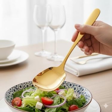 3Er 57855210131250480184975 Premium Altın Kaplama Paslanmaz Çelik Servis Kaşığı 21 Cm Şık Ve Dayanıklı Sunum Kaşığı Açık Ahşap