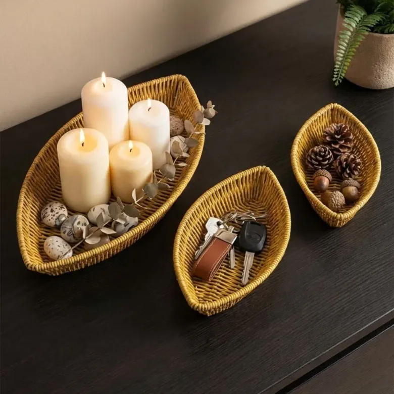 3’lü Kayık Formlu Plastik Rattan Sepet Seti–Hasır Görünümlü Ekmek, Meyve ve Sunum Sepetleri, Çok Amaçlı Masaüstü Organizer (4745)