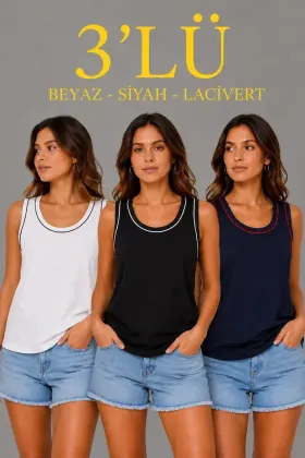 3’lü Kolsuz Sporcu Atlet Seti Yazlık Bisiklet Yakalı - Siyah, Lacivert, Beyaz - S - Çok Renkli