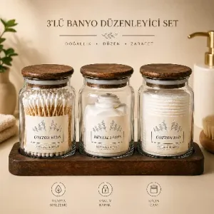 3lü Standlı Akasya Banyo Düzenleyici Pamuk-Makyaj Pedi-Diş ipi Organizer