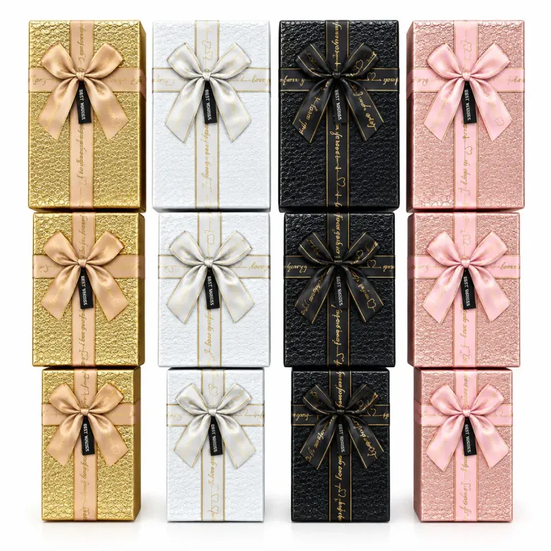 3PCS D.DÖRTGEN PARLAK MİX RENKLİ - KABARTMA DESEN KARTON HEDİYE KUTUSU KURDELALI 22.5X15.5-20.5X13.5-18.5X11.5CM (4745)