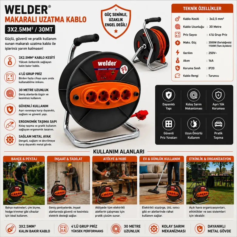 3X2.5MM 30MT MAKARALI UZATMA KABLO CT WELDER (4745)