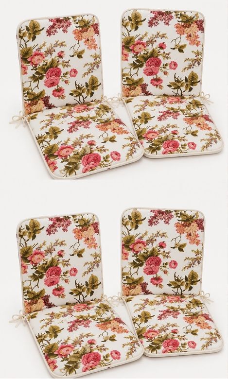 4 Adet Rattan Arkalıklı Sandalye Minderi (Kalınlık 4cm)-İngiliz Gülü (Pamuklu Kumaş)