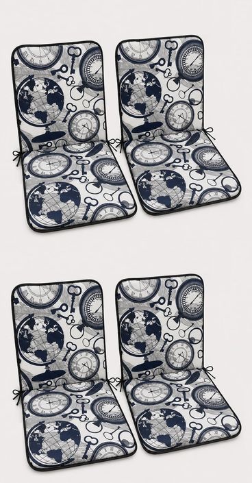 4 Adet Rattan Arkalıklı Sandalye Minderi (Kalınlık 4cm)-Saat Desen Lacivert