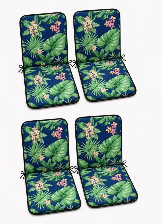 4 Adet Rattan Arkalıklı Sandalye Minderi (Kalınlık 4cm)-Tropikal Yeşil