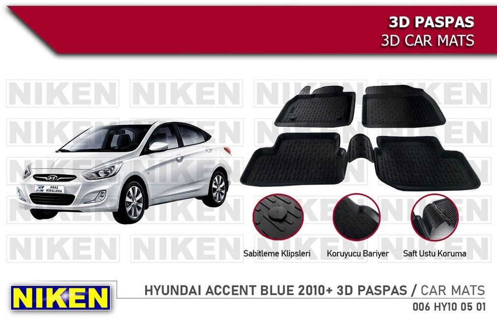 40992530 Hyundai Accent Blue Havuzlu 3D Paspas Niken Siyah 2010-Sonrası