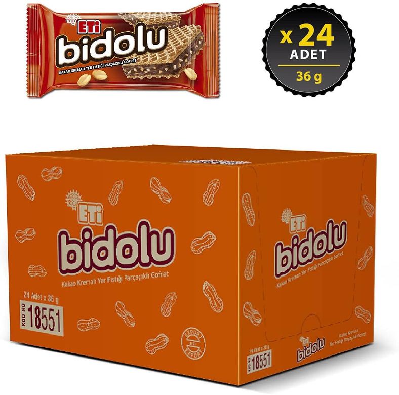 44556698 Eti Bidolu Kakao Kremalı Yer Fıstığı Parçacıklı Gofret 36 G X 24 Adet