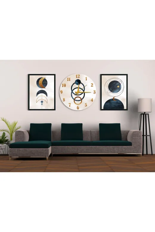 45981545441s2128 Lüks 3'lü Duvar Dekoru Seti (2 Tablo + 1 Saat) | Altın Yaldızlı Ay Fazları | Modern Lüks Tasarım