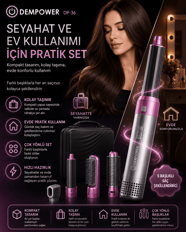 5 Başlıklı Çok Fonksiyonlu Saç Şekillendirici Fön Fırçası ve Bukle Yapıcı Set