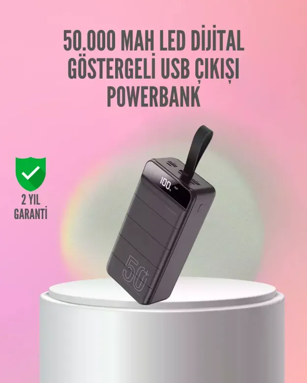 50.000 mAh Ultra Güçlü Powerbank 4 USB Çıkışlı, LED Dijital Göstergeli, Hızlı Şarj Destekli Taşınabi