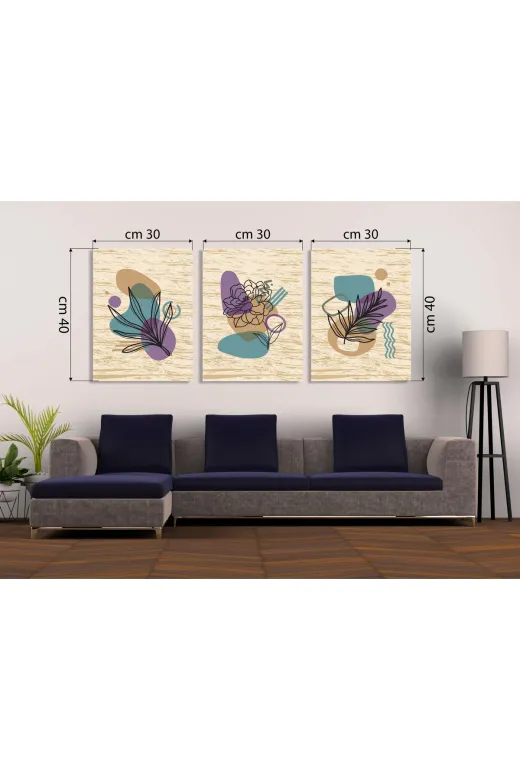 54894984s2098 Bohem Çizgisel Sanat 3'lü Mdf Tablo Seti | Soyut Yaprak & Çiçek Desenli | Delmeden Montaj
