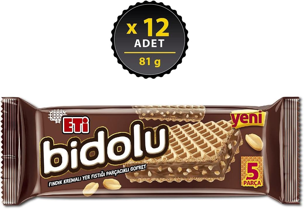 55223269 Eti Bidolu Fındık Kremalı Yer Fıstığı Parçacıklı Gofret 81 G X 12 Adet