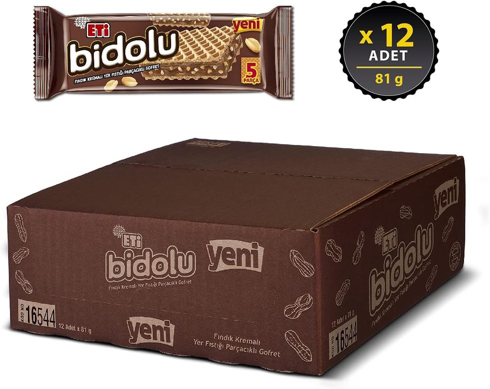 55223269 Eti Bidolu Fındık Kremalı Yer Fıstığı Parçacıklı Gofret 81 G X 12 Adet