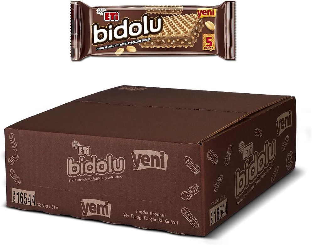 55223269 Eti Bidolu Fındık Kremalı Yer Fıstığı Parçacıklı Gofret 81 G X 12 Adet