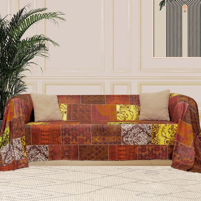 57858324442715699283959 Concept Softmicro Koltuk Örtüsü Çekyat Örtüsü Koltuk Şalı Etnik Desenli Patchwork Kaymaz Kiremit 180X220 Cm Diğer