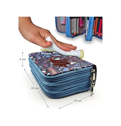 57858324453051699283959 Kalem Kutusu Mavi Geometrik Desenli Organizer Kalemkutu Vegan Deri Üç Bölmeli Kalemlik Diğer