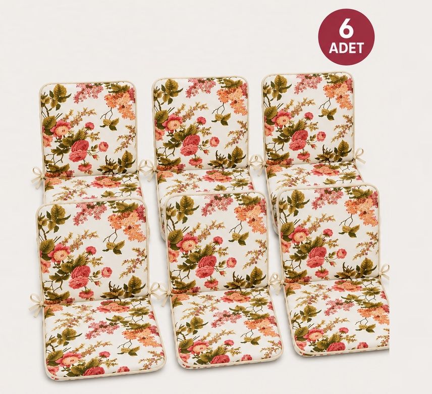 6 Adet Rattan Arkalıklı Sandalye Minderi (Kalınlık 4cm)-İngiliz Gülü (Pamuklu Kumaş)