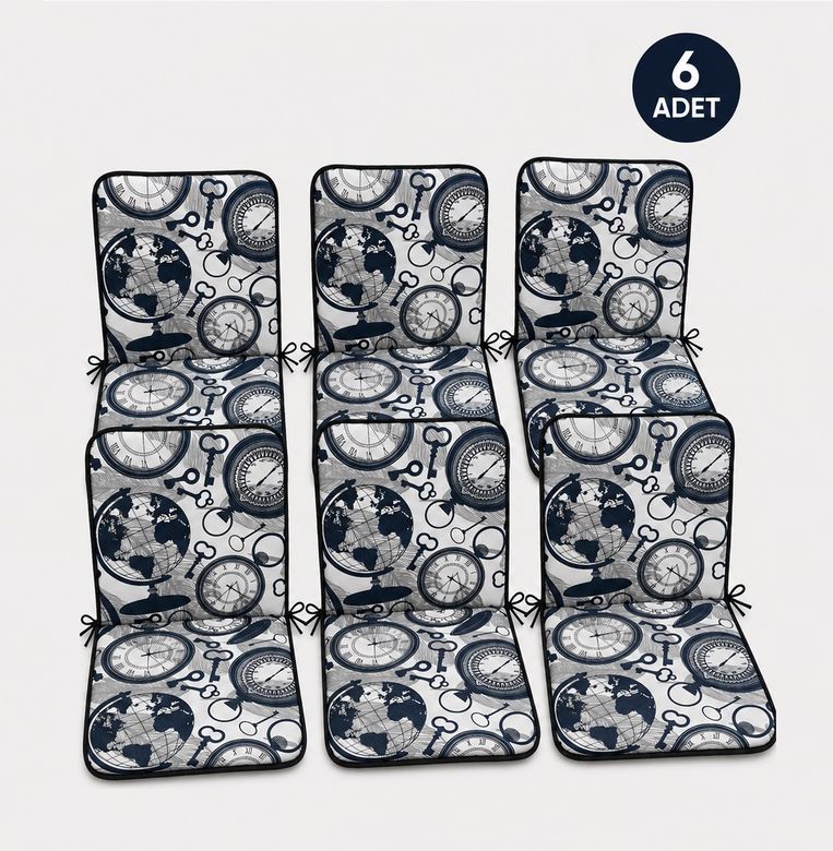 6 Adet Rattan Arkalıklı Sandalye Minderi (Kalınlık 4cm)-Saat Desen Lacivert