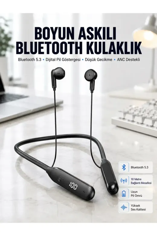 60 Saat Kablolu Boyun Askılı Dijital Göstergeli Bluetooth Kulaklığı Yeni Nesil