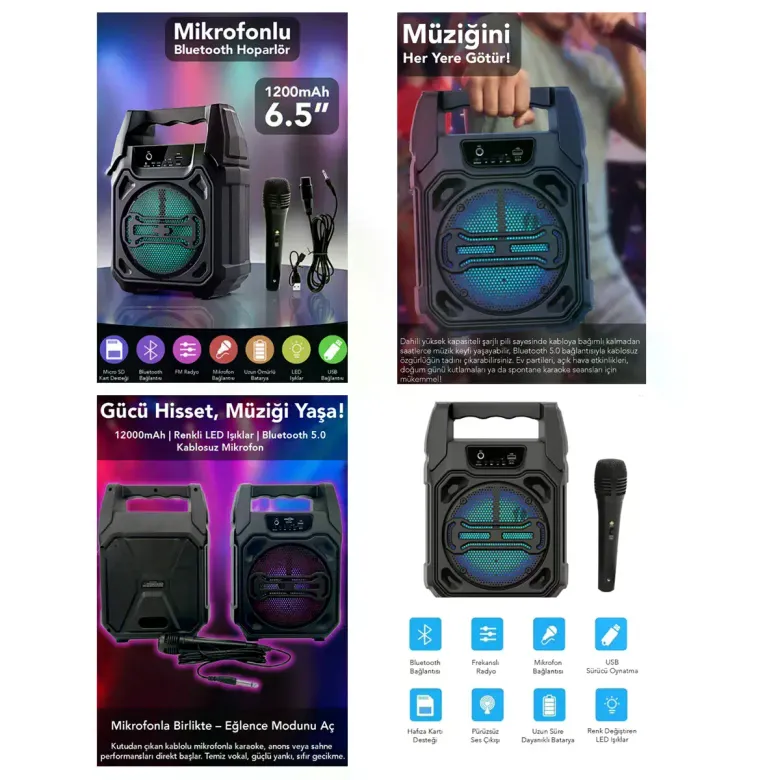 6.5 Inc Bluetooth Wireless krofonlu Hoparlör - Speaker Usb Sarjlı Aux - Tf - Usb PS-1283
