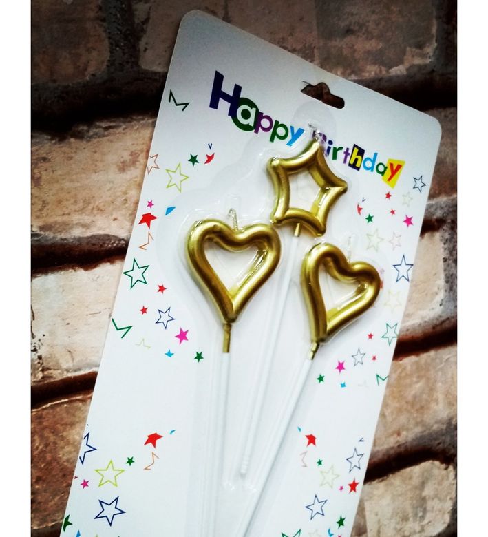 70112024 Vıp Gold Heart Candle2 Adet  Metalik Gold Kalpli Pasta Mumu 1 Adet Yıldız Mum