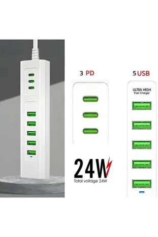 8 Portlu Çoklu USB Şarj İstasyonu 5 USB + 3 Type-C Masaüstü Çoklu Şarj Cihazı