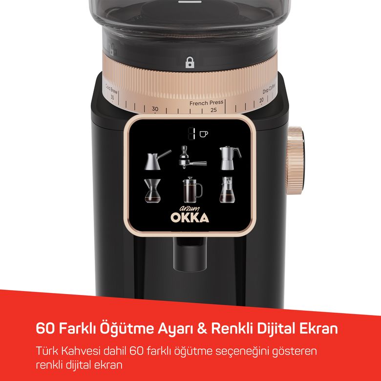 -8699- Arzum Okka Ok0044 Master Grind Kahve Öğütücü, 60 Öğütme Ayarlı, Dijital Ekranlı, Bakır