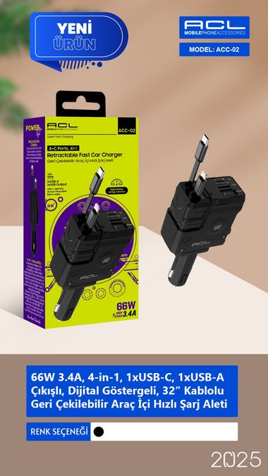 acc-02 Acl 66W Geri Çekilebilir Araç Şarj Cihazı | Usb-A Usb-C Lightning | Dijital Voltaj Ekranı