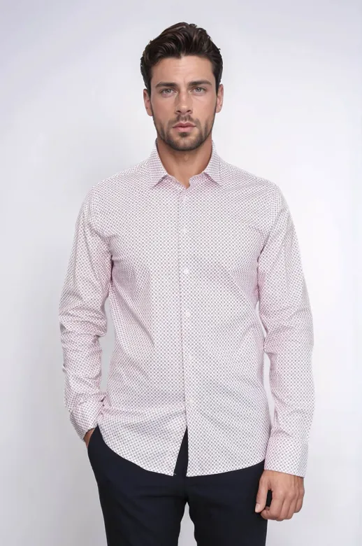 Açık Bordo Mini Kare Desenli Slim Fit Erkek Gömlek - Wessi - L / Bordo