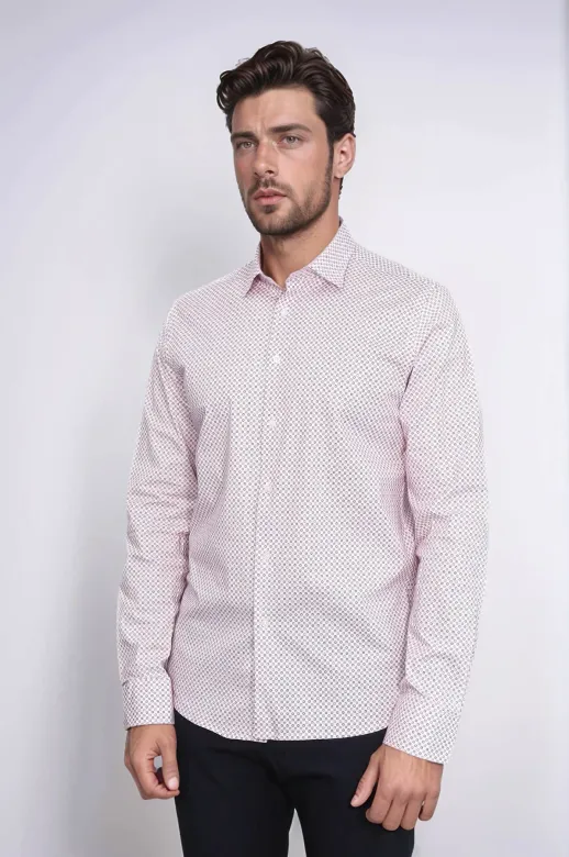 Açık Bordo Mini Kare Desenli Slim Fit Erkek Gömlek - Wessi - L / Bordo